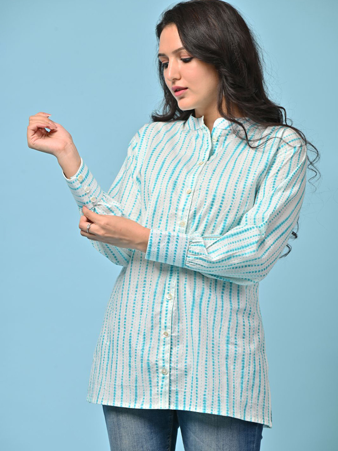 Anootha Women Oversized Fit Vertical Striped Mandarin Collar Cotton Casual Tunics