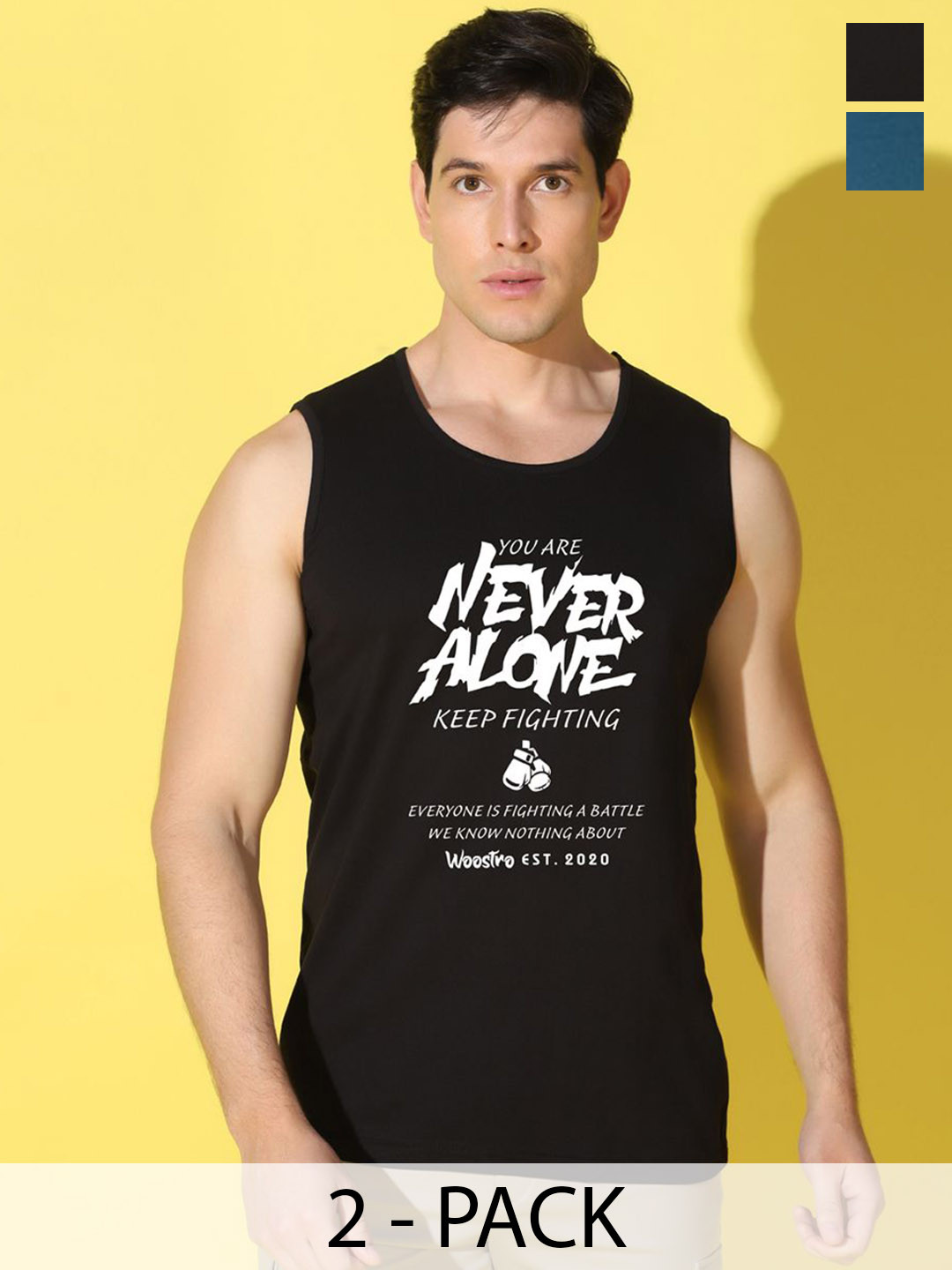 WOOSTRO Pack Of 2 Printed Super Combed Cotton Gym Vests VWS26(ALONE BLACK)(ENJOY PEACOCK)