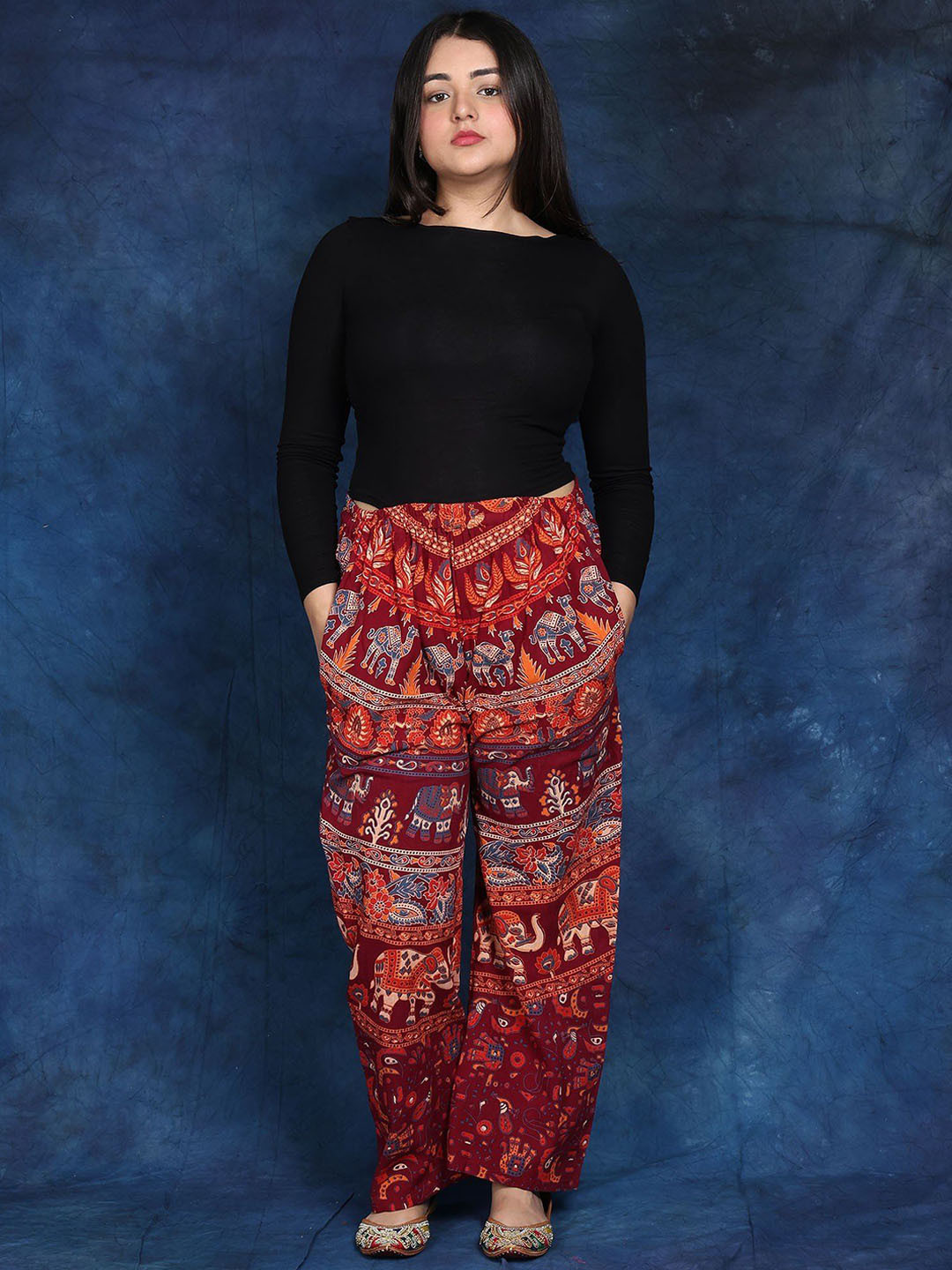 Exotic India Women Casual Trousers from Pilkhuwa with Printed Elephants