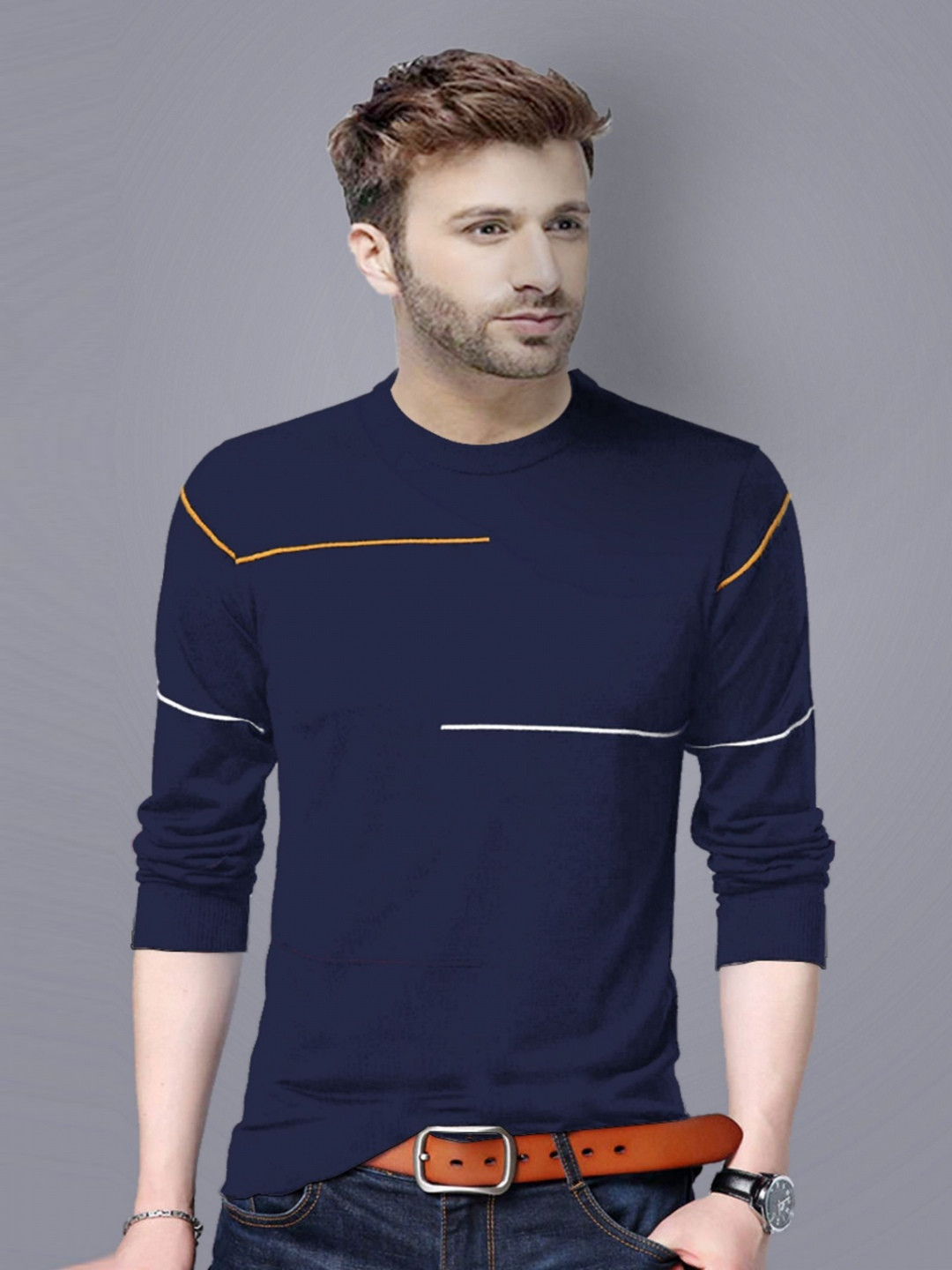 REYA Men Striped Round Neck Cotton T-shirt