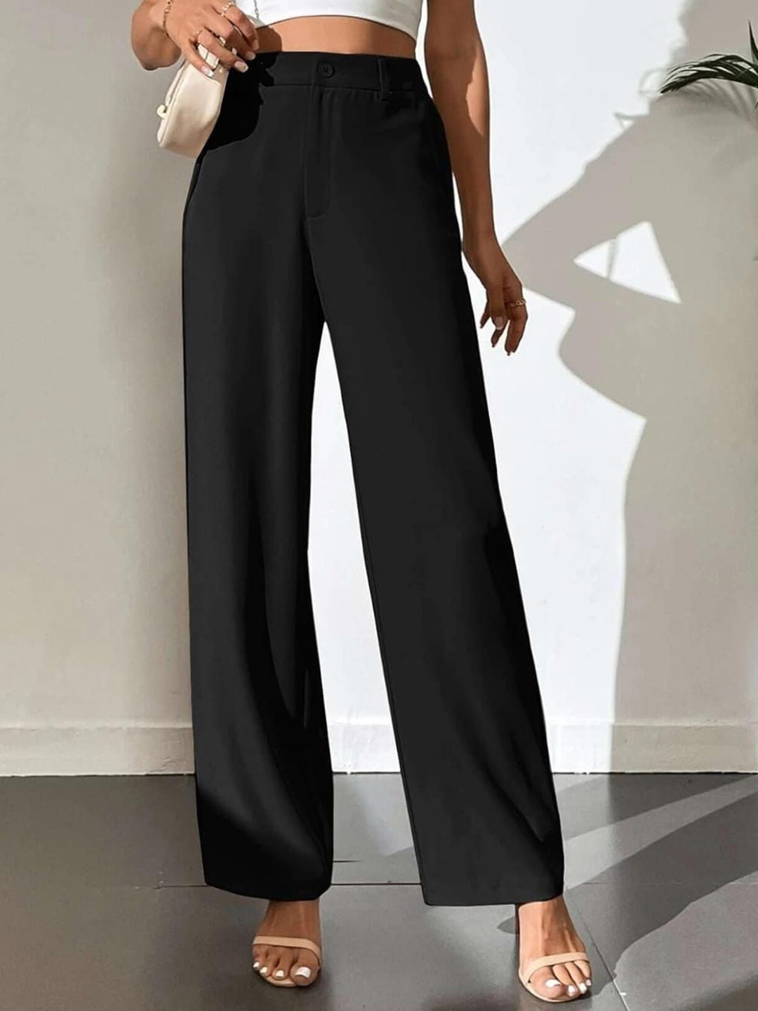 Next One Women Smart High-Rise Easy Wash Straight Fit Wide LegTrousers