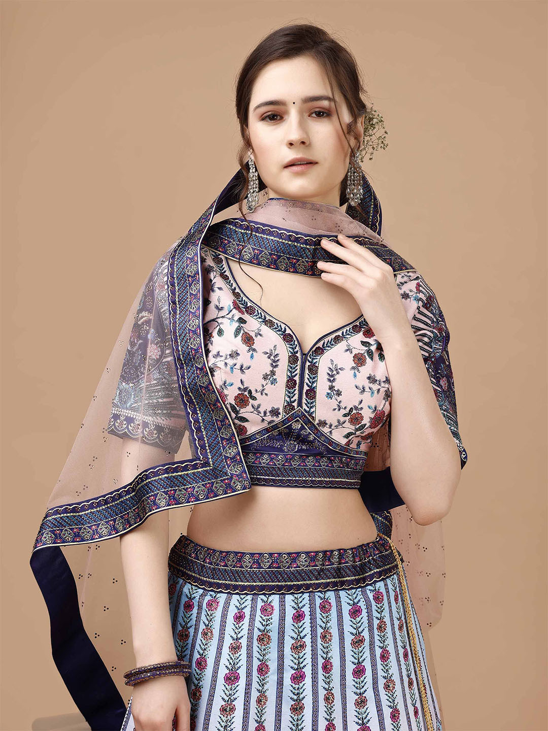 SAPTRANGI Printed Beads & Stones Lehenga & Blouse With Dupatta