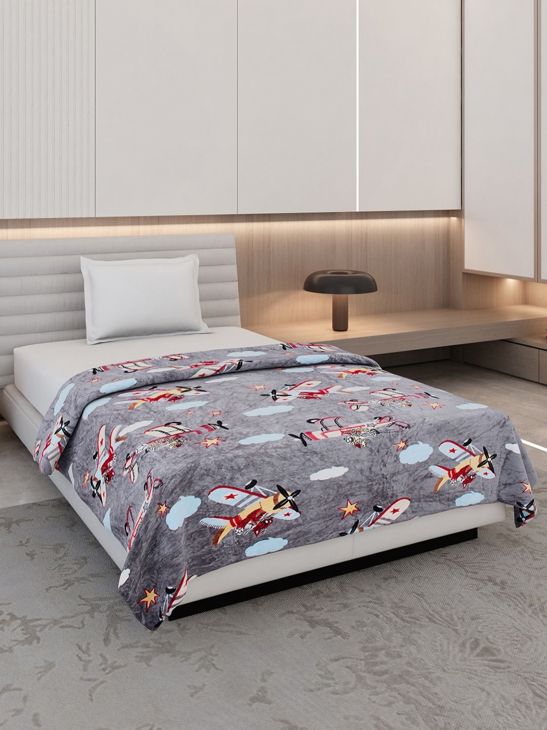 Monte Carlo Grey & Red Abstract Printed AC Room 300 GSM Single Bed Blanket