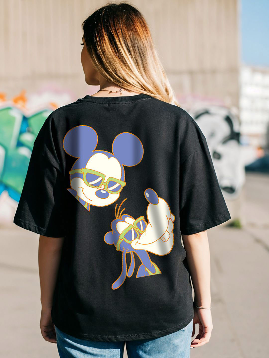 Bewakoof Heavy Duty Women Mickey Mouse Graphic Printed Round Neck Cotton Oversized T-shirt
