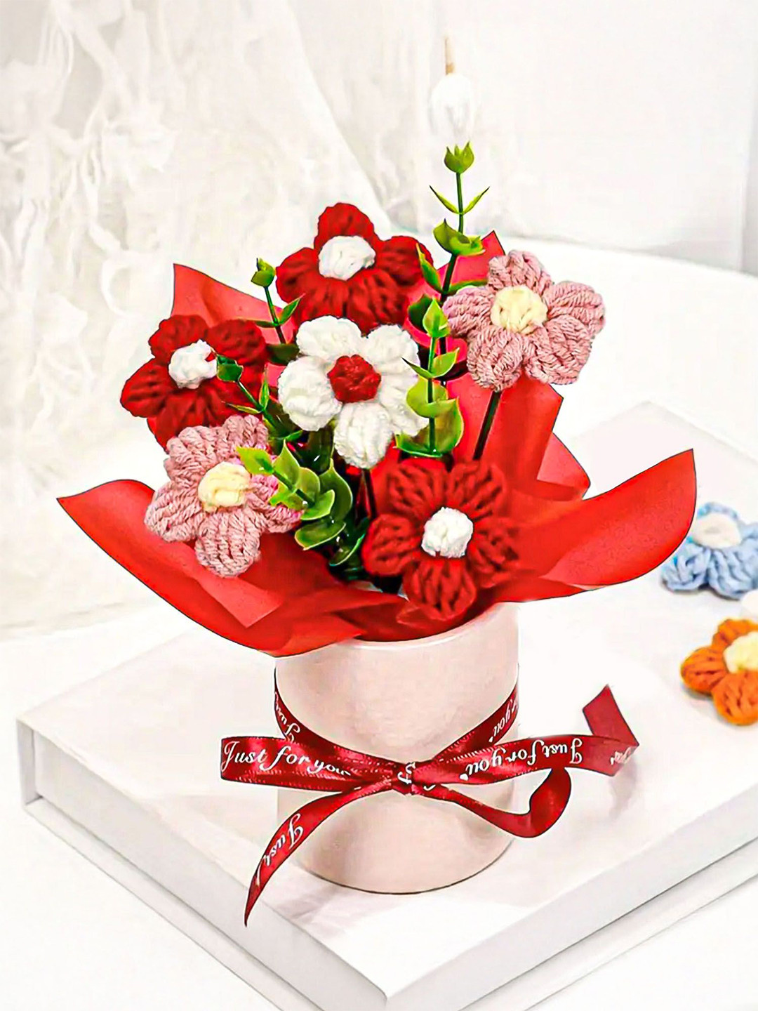 Nostrae by Ekhasa Red & Pink Cherry Blossom Crochet Artificial Flowers Bouquet
