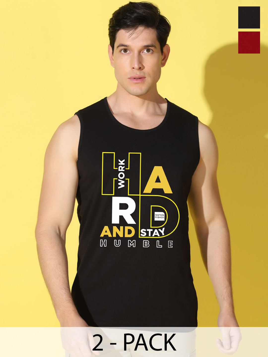 WOOSTRO Pack Of 2 Printed Combed Cotton Gym Vests VWS26(HARD BLACK)(HARD MAROON)