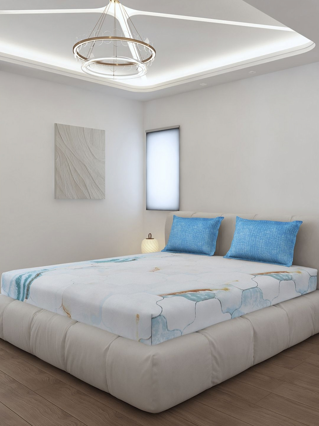 Monte Carlo Turquoise Blue Abstract Polyester Breathable 144 TC Fitted King Bedsheet with 2 Pillow Covers-73 x 77 inches