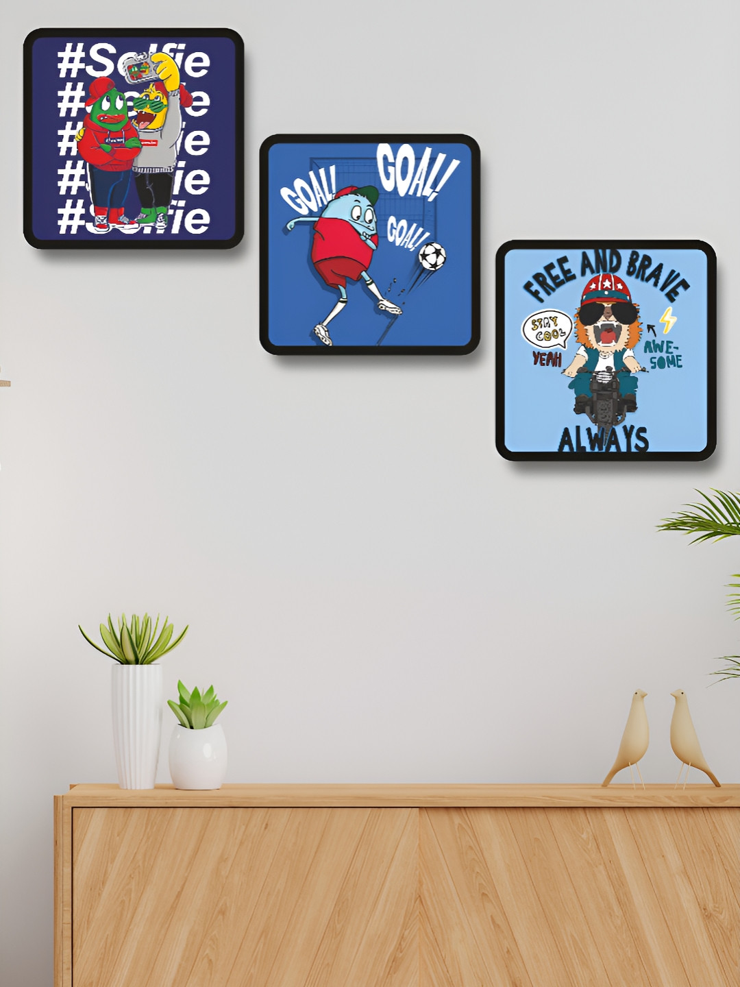 SAF Blue & Red 3 Pieces Cartoon Characters Wooden Printed Wall Art
