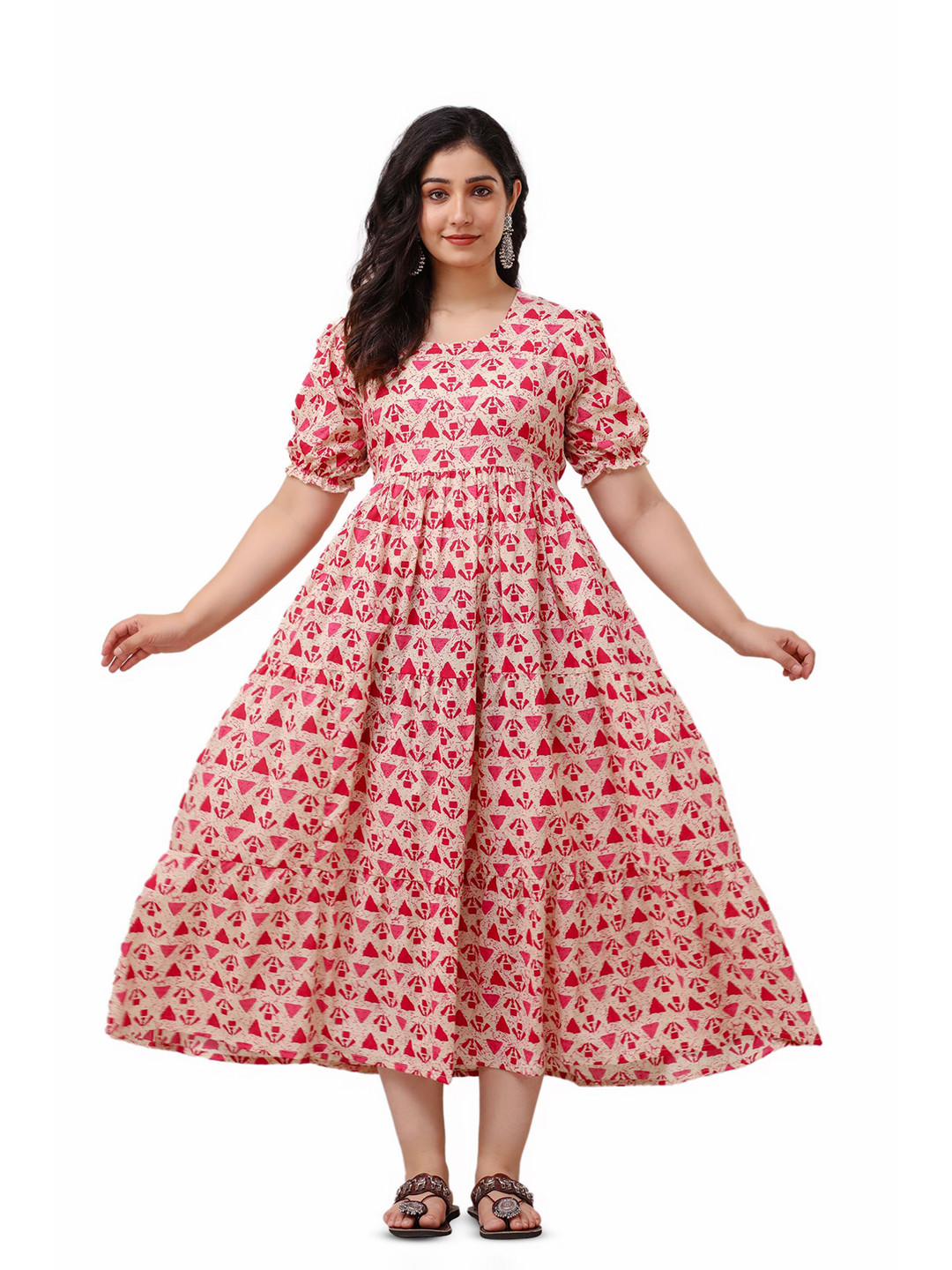 DEVEK Women Printed Puff Sleeve Maternity Fit & Flare Maxi Dress