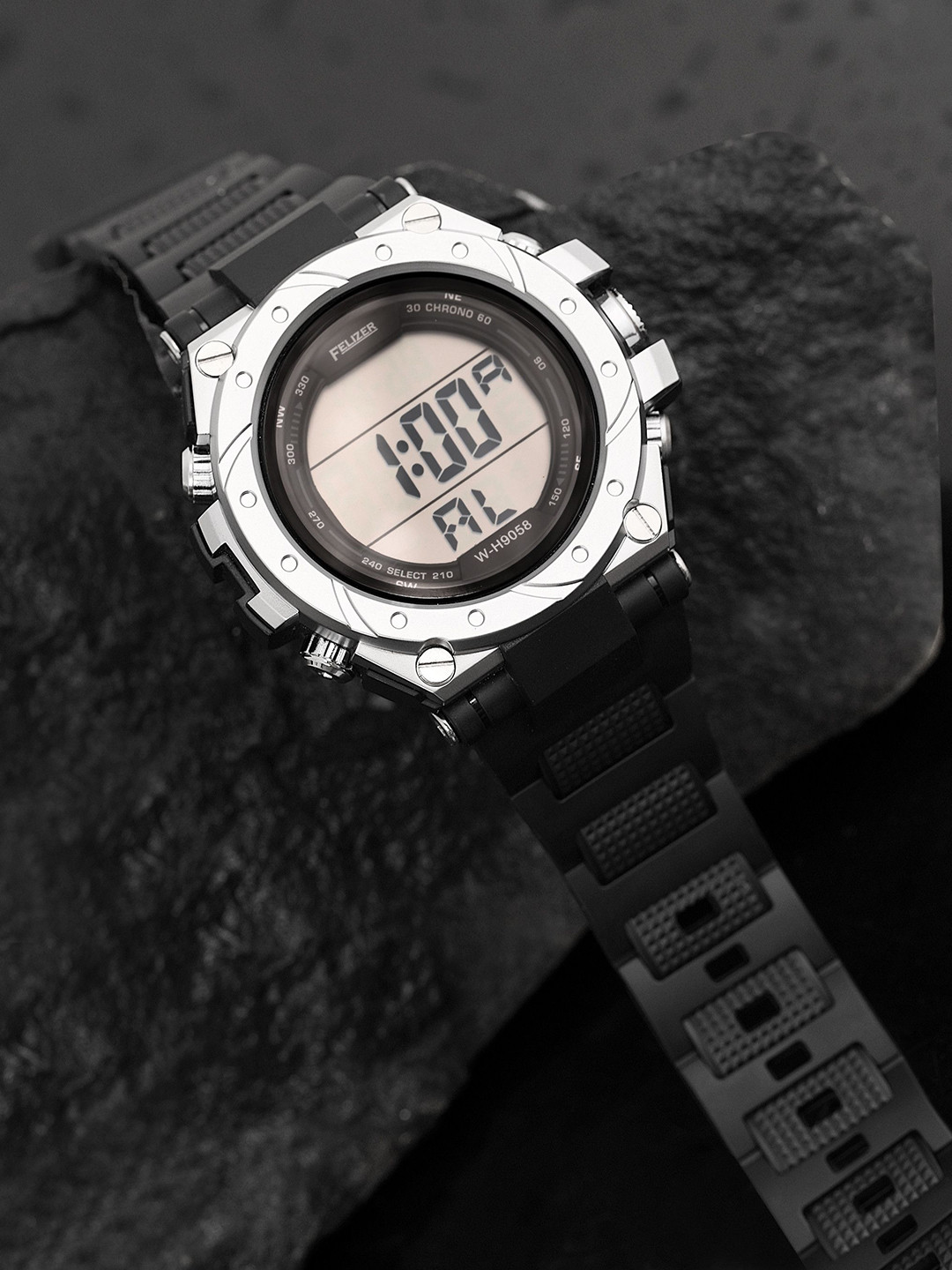 FELIZER Men Round Dial & Textured Straps Analogue and Digital Watch H9058-LSKA-SilverBlk