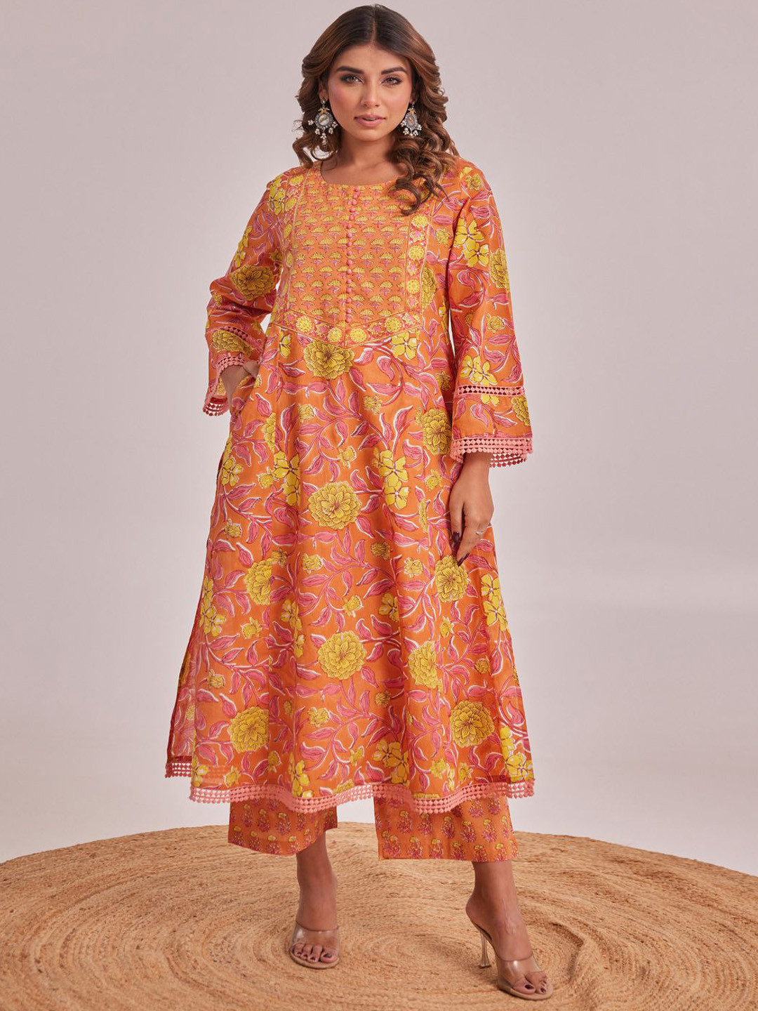 TARA-C-TARA Floral Block Printed Round Neck Pure Cotton Tunic With Palazzo