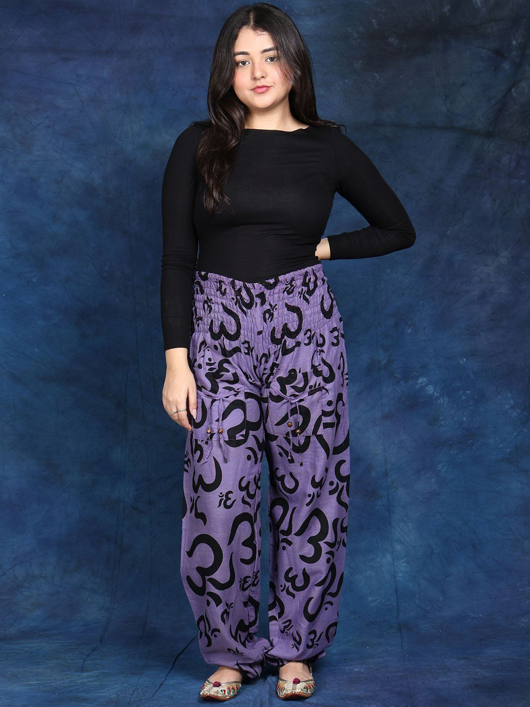 Exotic India Yoga Casual Pure Cotton Trousers with Printed Om