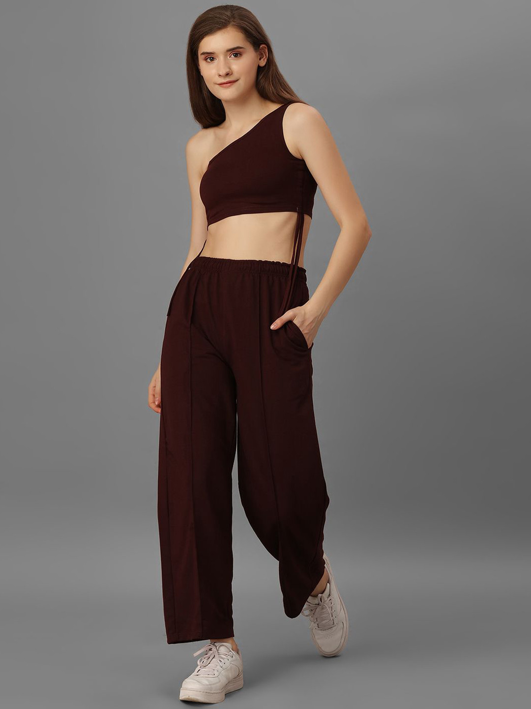 SXV STYLE One Shoulder Side Strings Top With Trousers