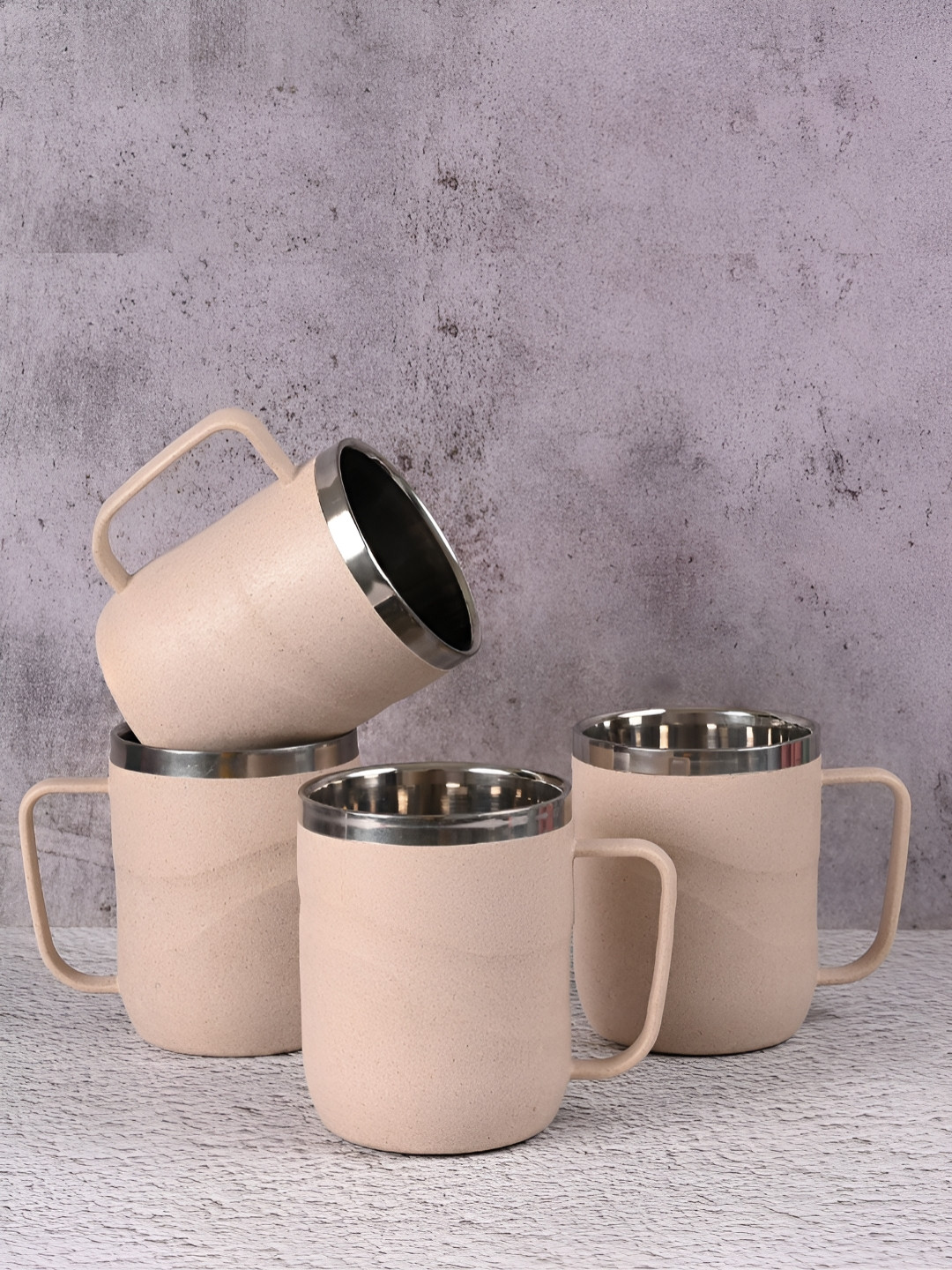 eha Evil Eye Off White Textured Bamboo Dishwasher Safe 4 Piece Mugs-400ml