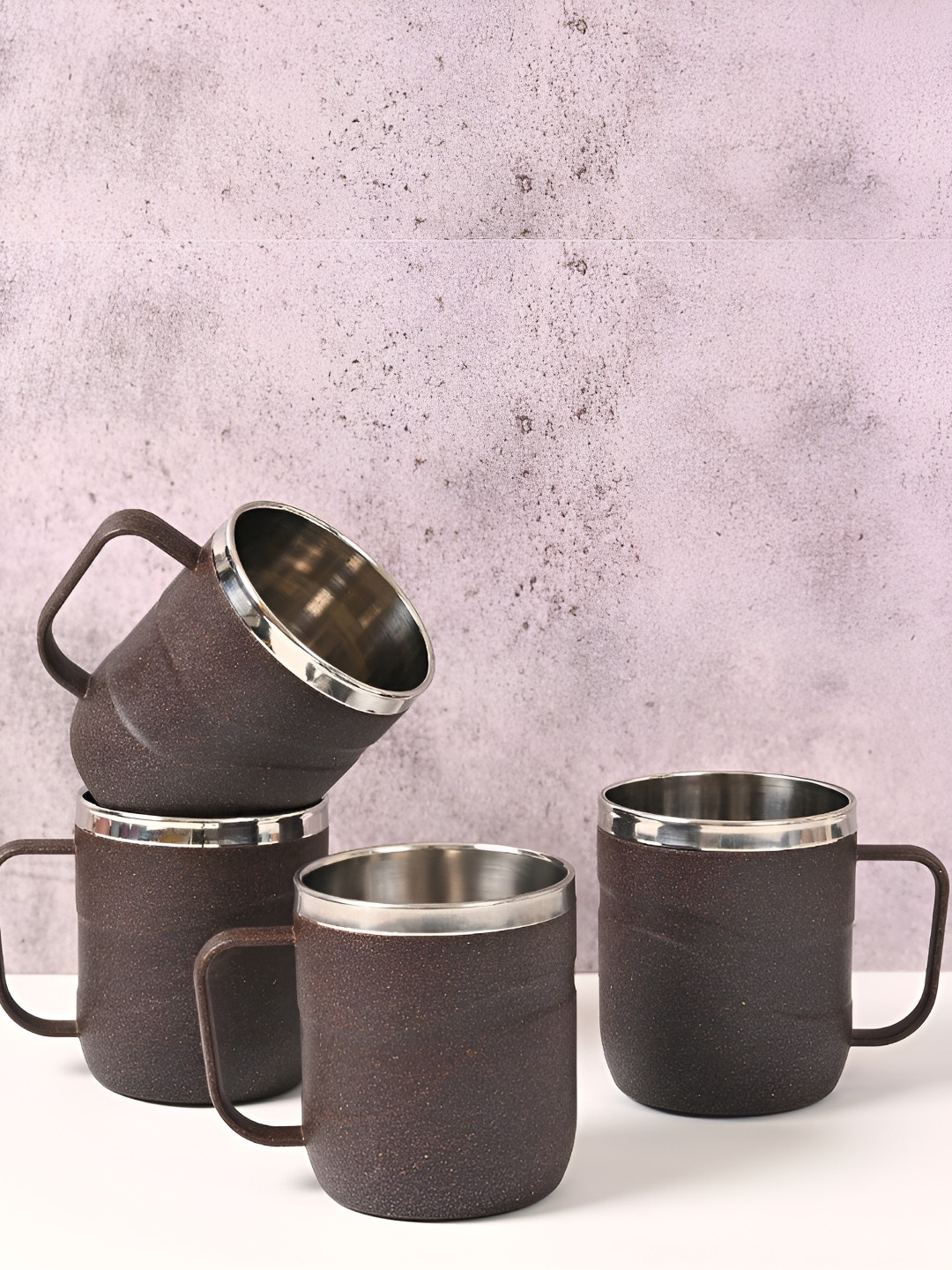eha Coffee Brown Textured Biocomposite Handmade 4 Piece Mugs-250ml
