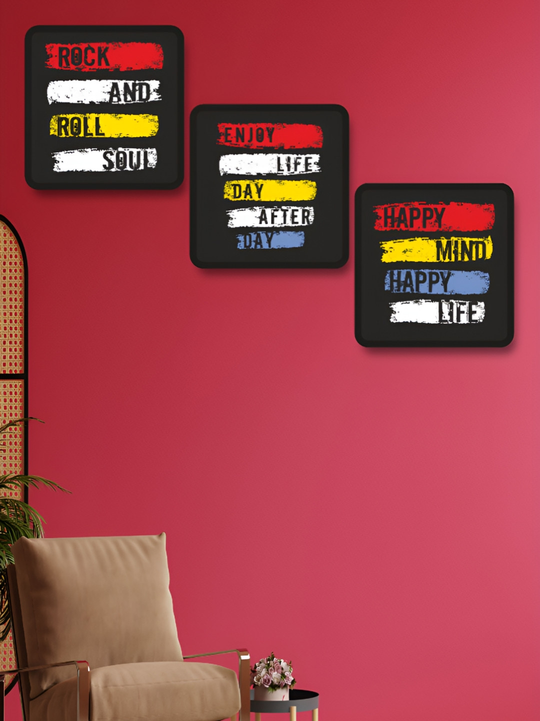 Aura Red & Black 3 Pieces Motivational Quotes Printed Wooden Wall Art