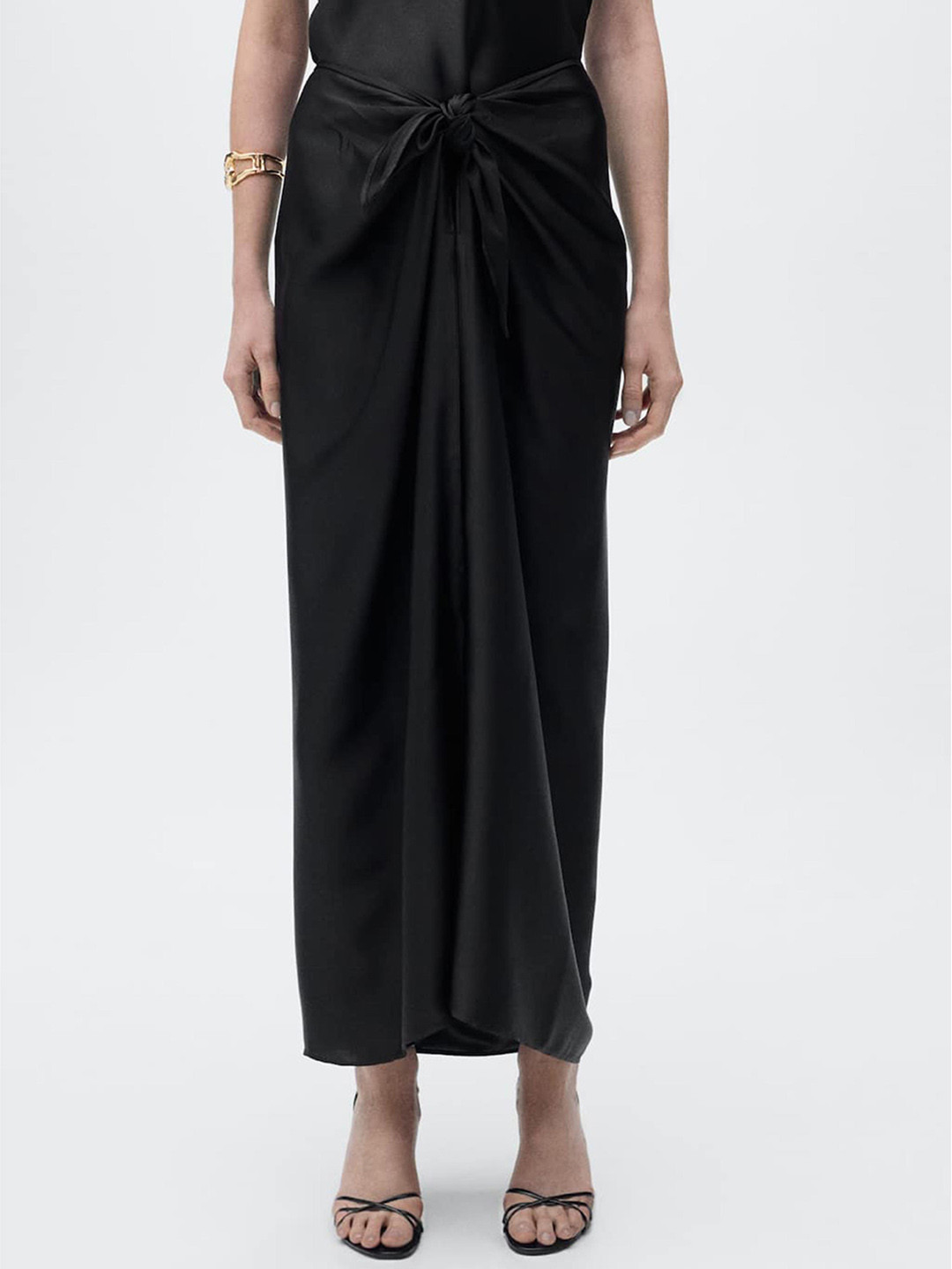 MANGO Knot Detail Midi Satin-Finish Skirt