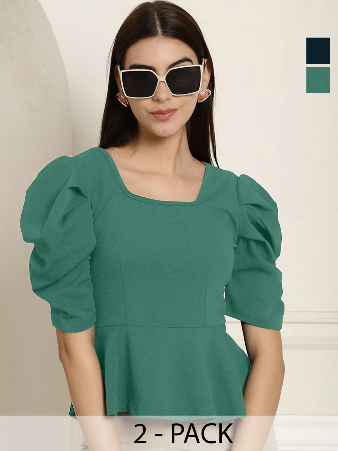 Metronaut Valentino Women Pack Of 2 Puff Sleeve Peplum Top