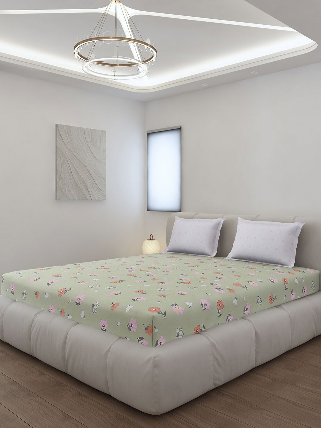 Monte Carlo Green Floral Polyester 144 TC King Bedsheet with 2 Pillow Covers-87 x 93 inches