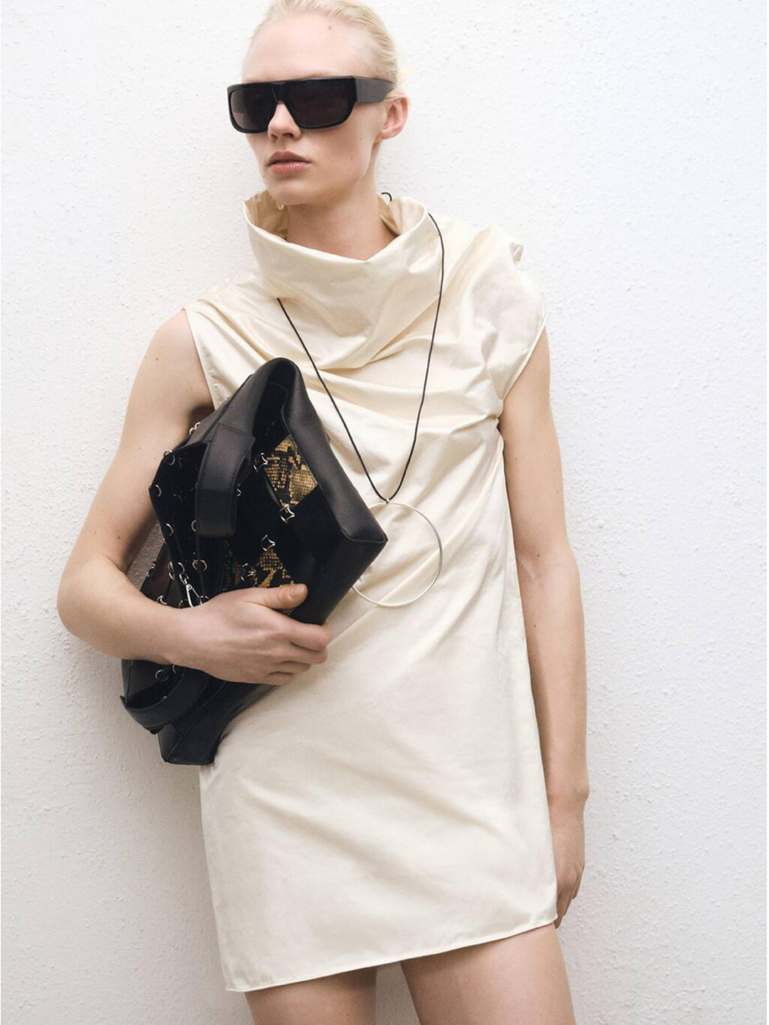 MANGO SELECTION Ruched High Neck Extended Sleeves Satin-Finish Party Mini Bodycon Dress