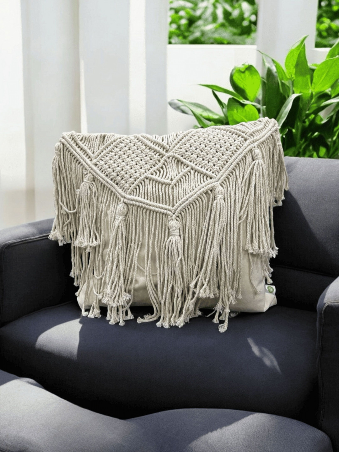 LUSHLYF Fringed Self Design Cotton 5 Pcs Embroidered Cushion Covers - 17.7x17.7In