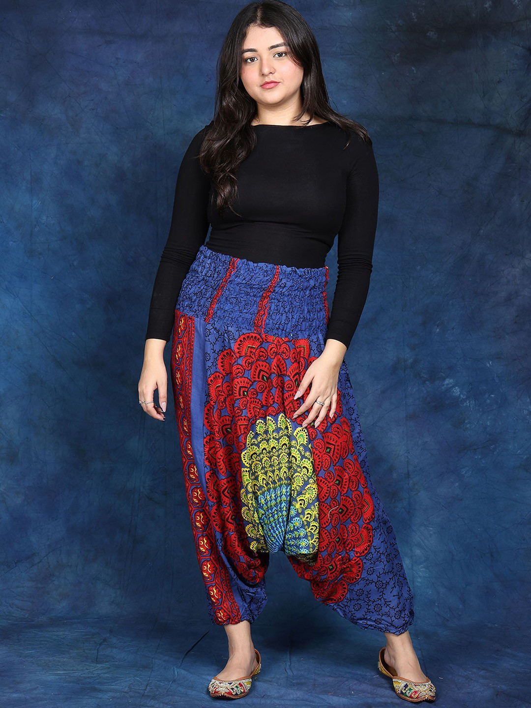 Exotic India Floral Printed Harem Trousers with Elastic Waist