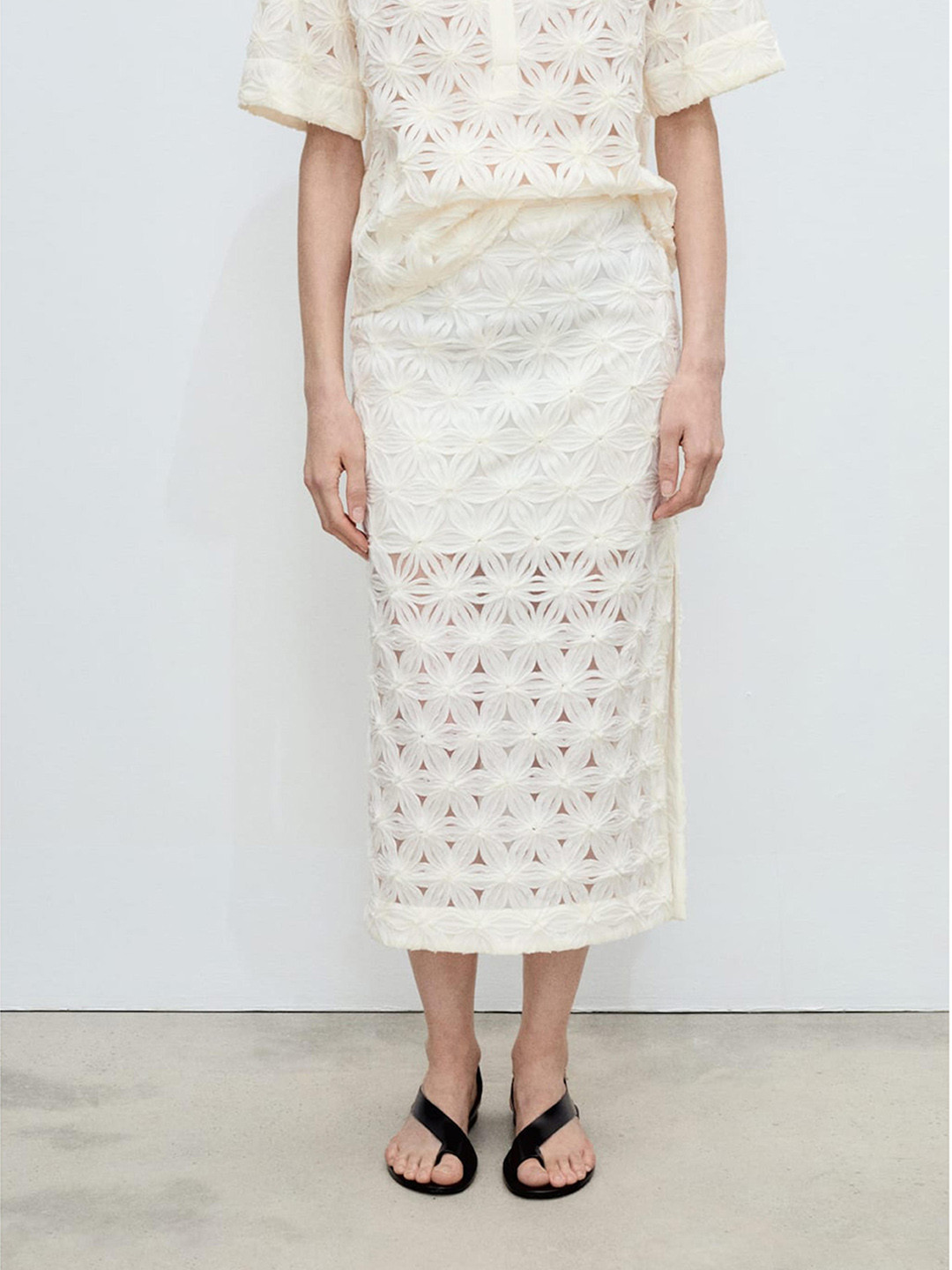 MANGO Floral Open Work Textured Straight Midi Skirt