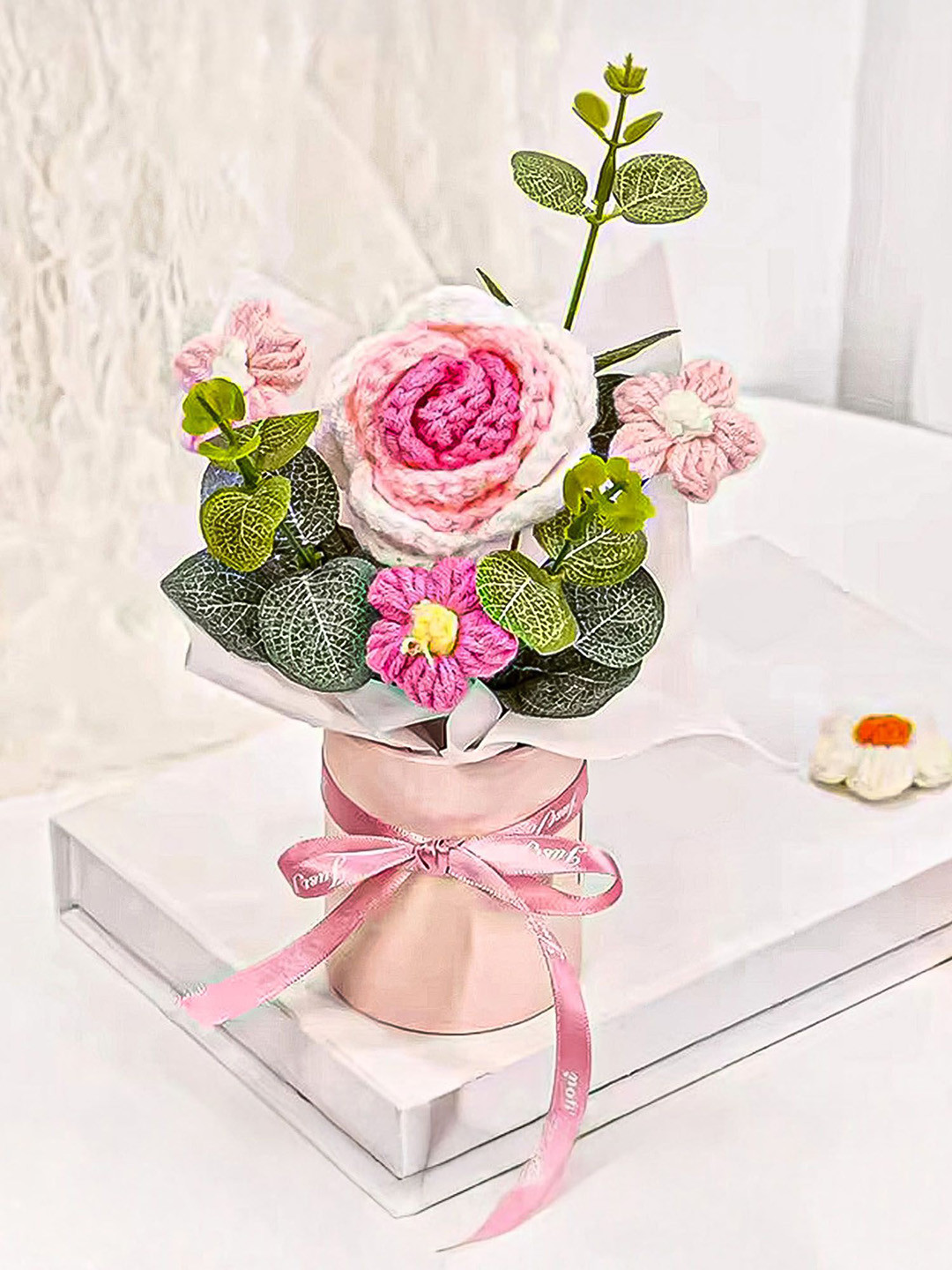 Nostrae by Ekhasa Pink & White Rose Crochet Artificial Flowers Bouquet