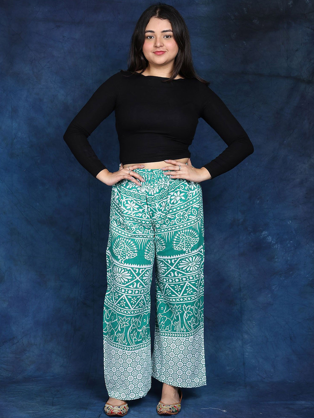 Exotic India Casual Pure Cotton Trousers From Pilkhuwa with Printed Palm Trees