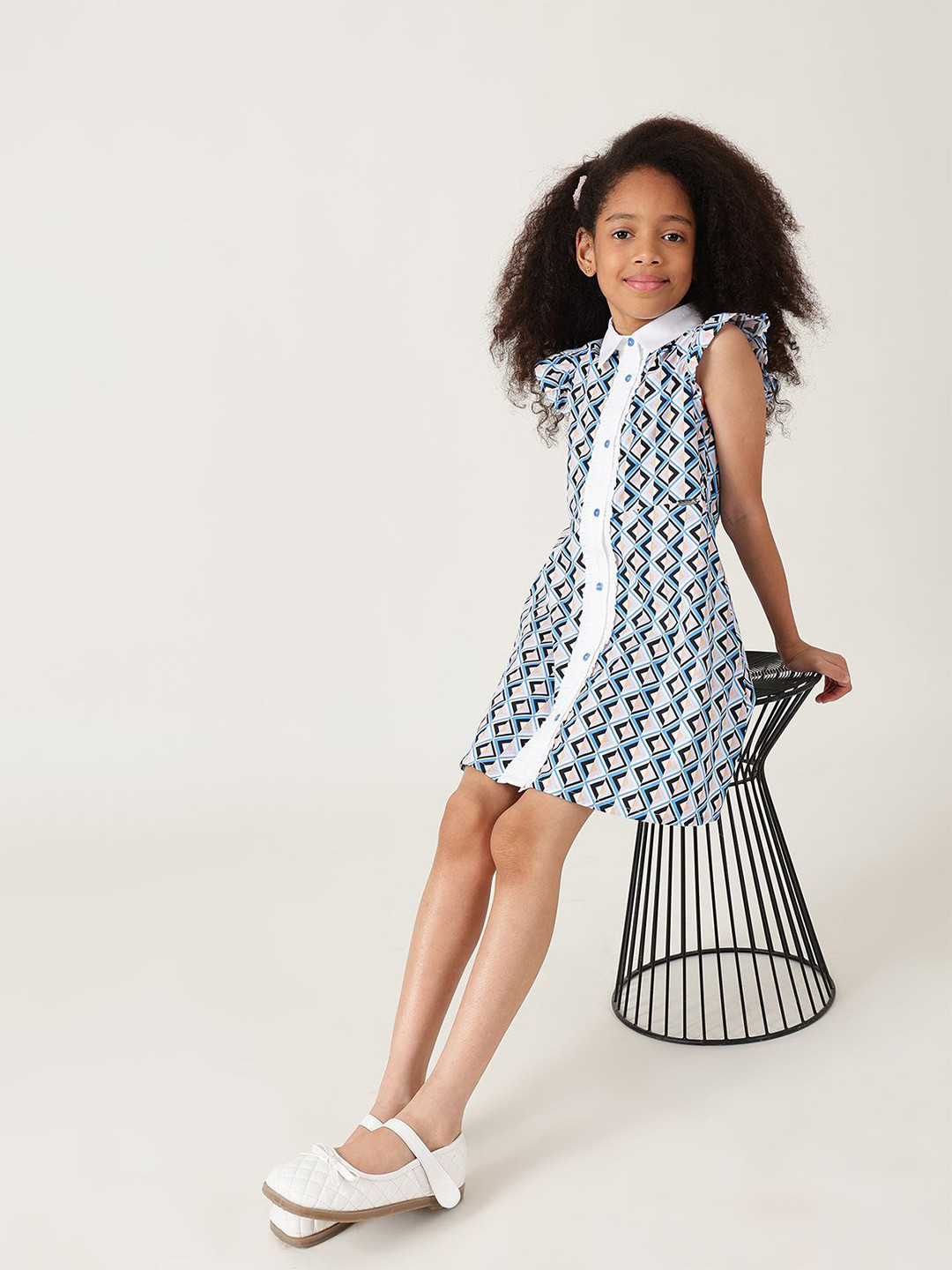 One Friday Girls Blue A-Line Frill Sleeve Geometrical Print Dress