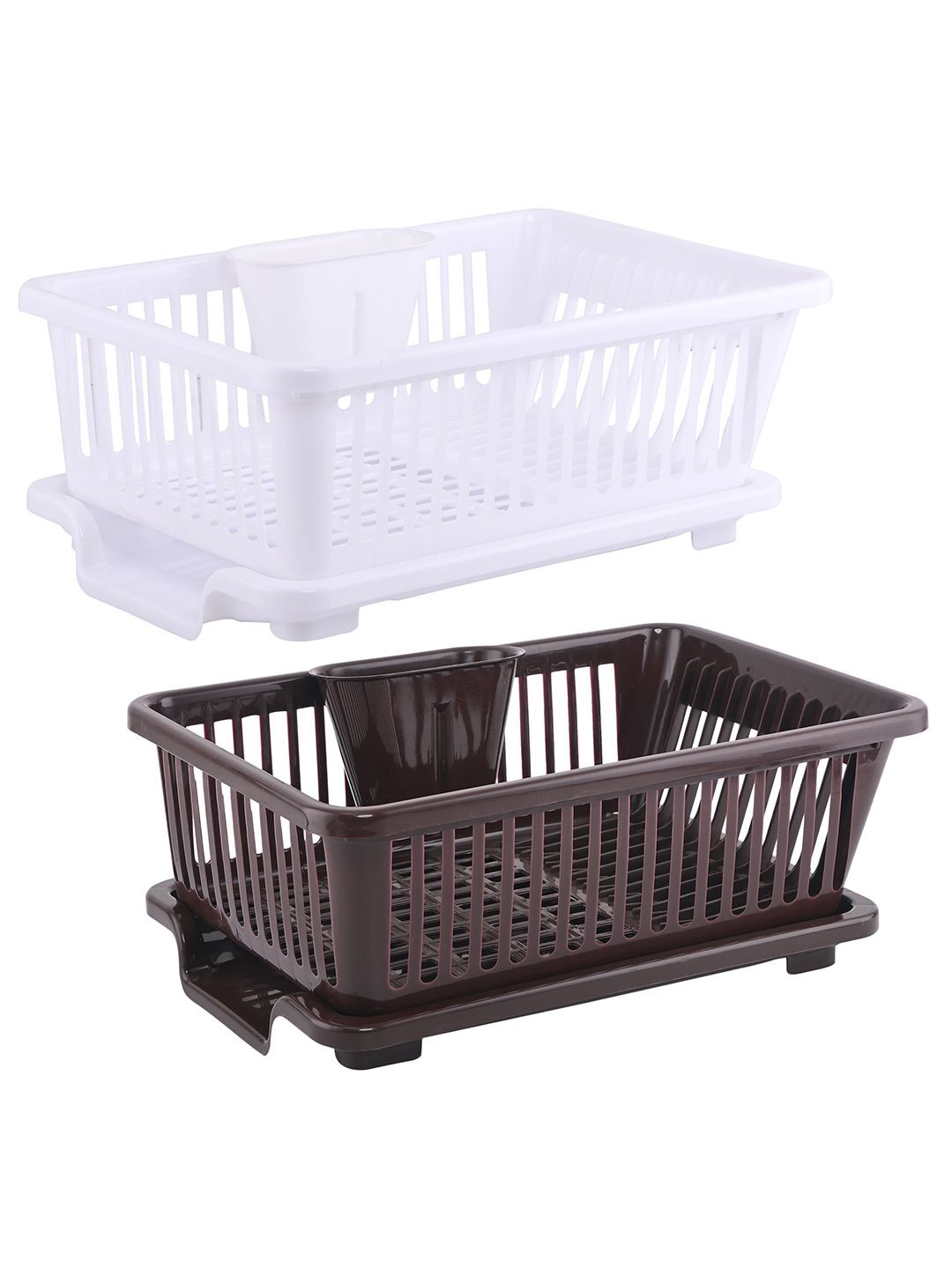 Kuber Industries White & Brown 2 Pieces 3 in 1 Durable & Stylish Dish Rack with Drainer