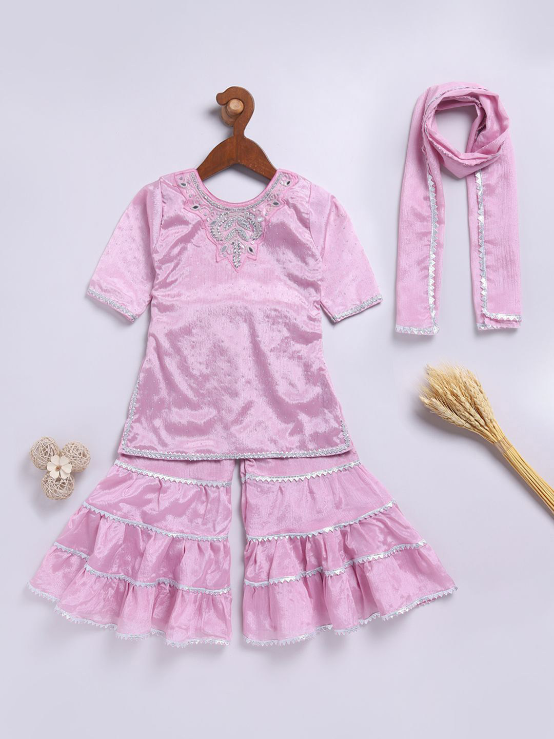 JBN Creation Girls Embroidered Regular Sequinned Kurta with Sharara & With Dupatta