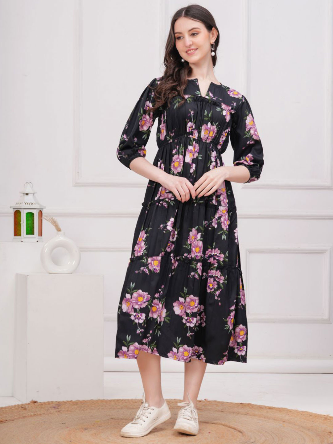 OH MI DIOS Floral Print Bell Sleeve Crepe A-Line Midi Dress