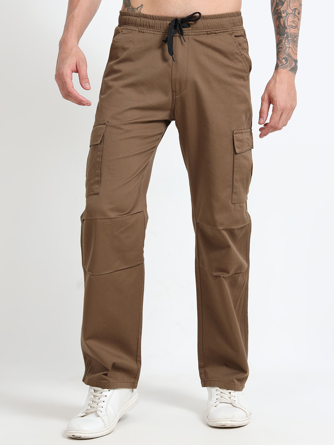 U.S. PITCHERS Men Relaxed Straight Leg Regular Fit Low-Rise Flat Front Cargo Trousers