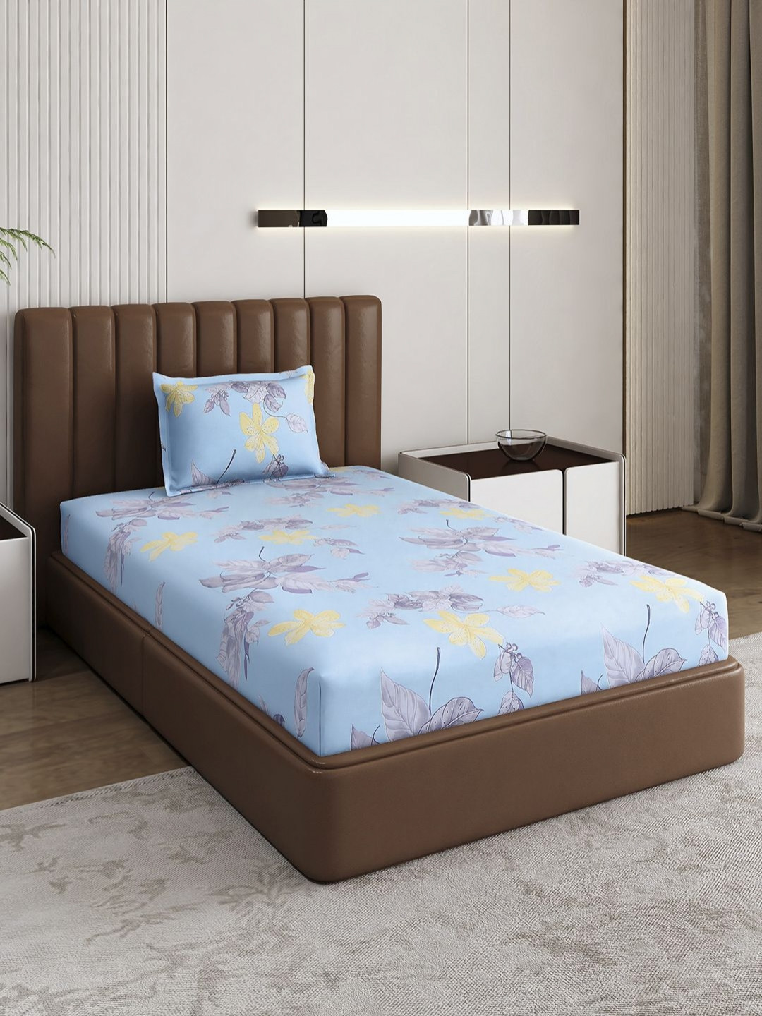 Monte Carlo Turquoise Blue Floral Polyester 120 TC Single Bedsheet with a Pillow Cover-152 x 230 cm