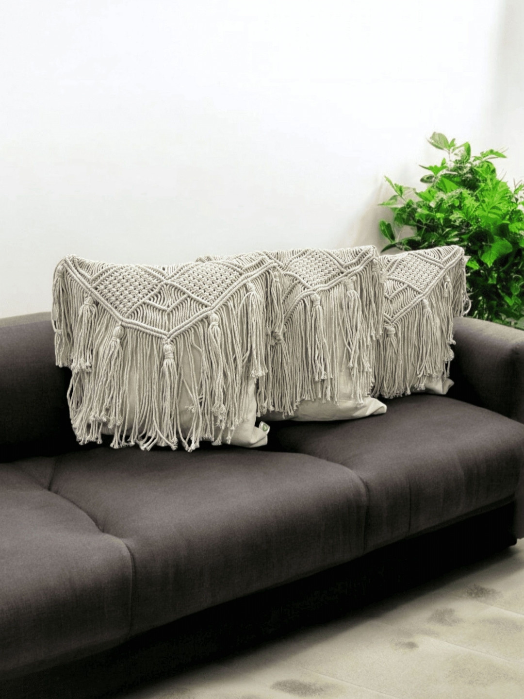 LUSHLYF Macram Elegance Fringed Cotton 3 Pcs Embroidered Square Cushion Covers -18x18In