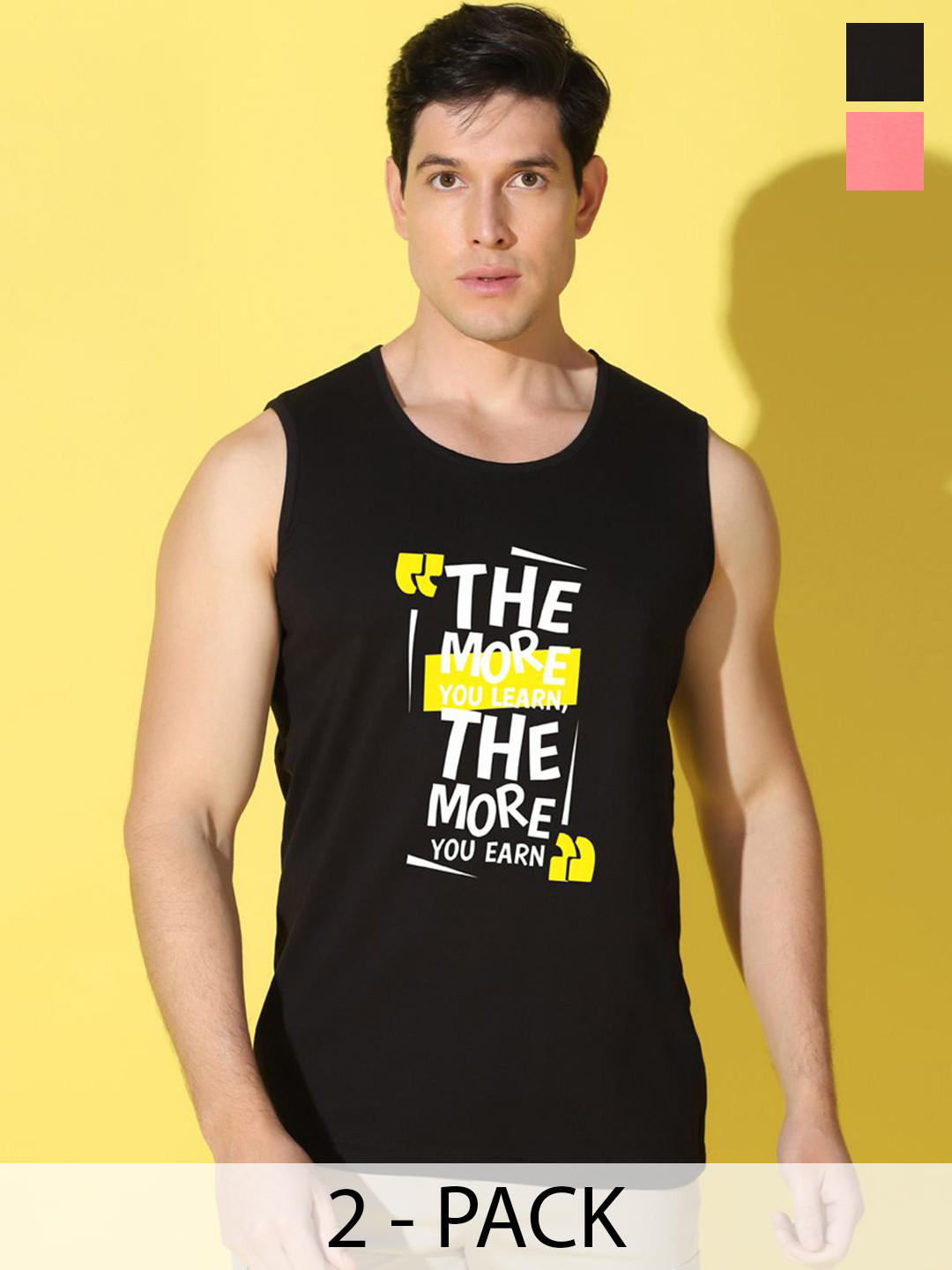 WOOSTRO Pack Of 2 Printed Combo Cotton Gym Vests VWS26(MORE BLACK)(RUN PEACH)