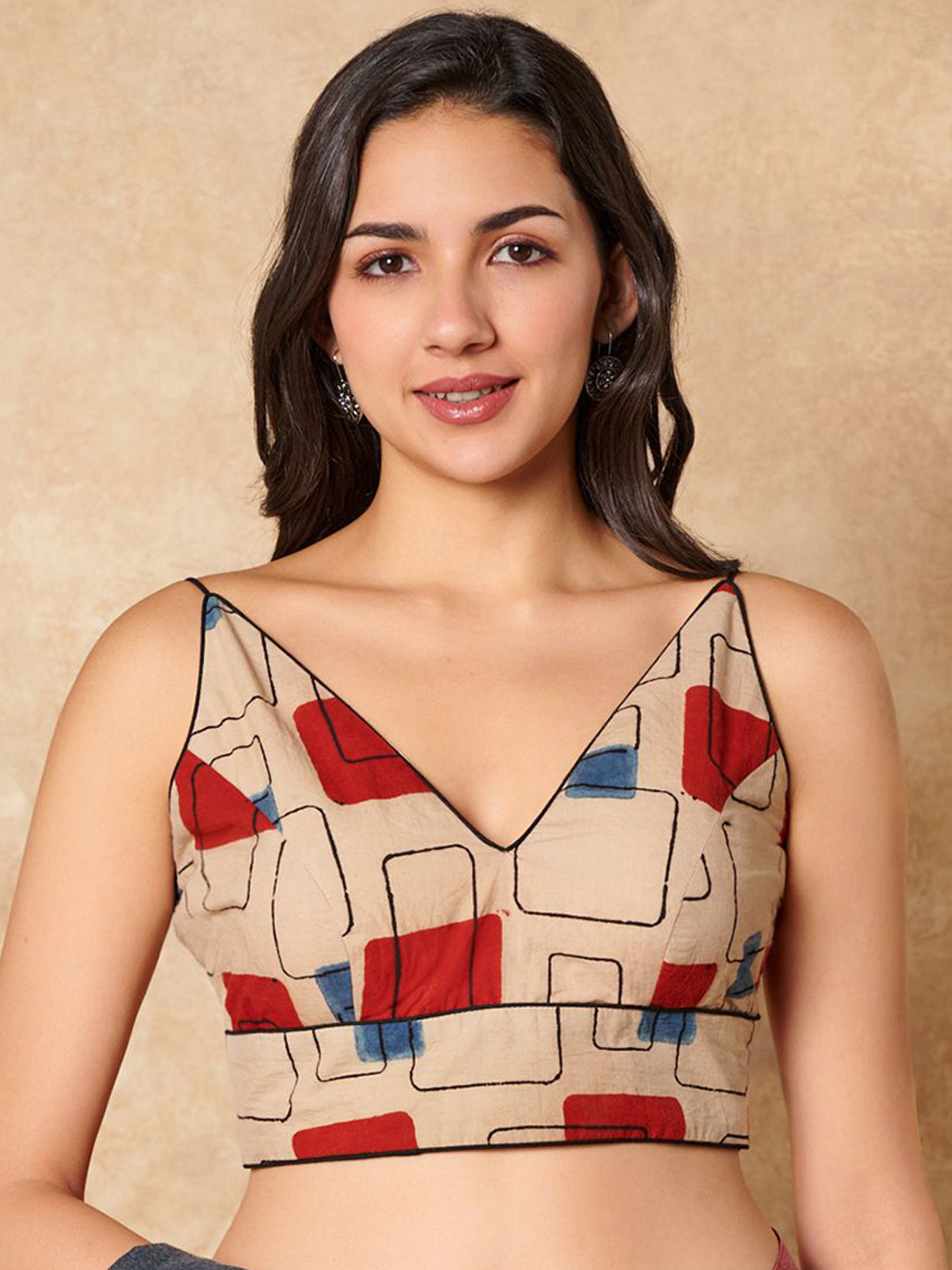 SALWAR STUDIO Beige Ajrakh Hand Block Printed Pure Cotton Sleeveless Readymade Blouse