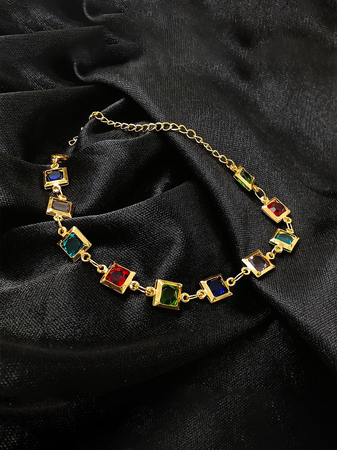 Saizen Gold-Plated Crystals Studded Square Charm Bracelet