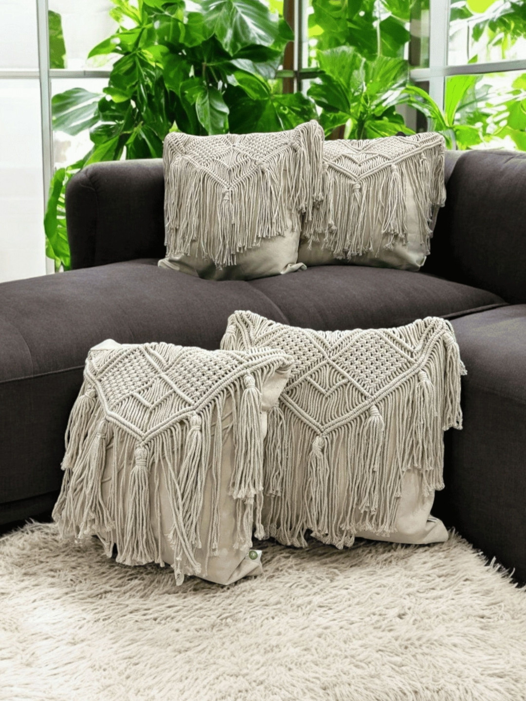 LUSHLYF Off White 4 Pieces Geometric Macrame Elegance Fringed Cotton Square Cushion Covers