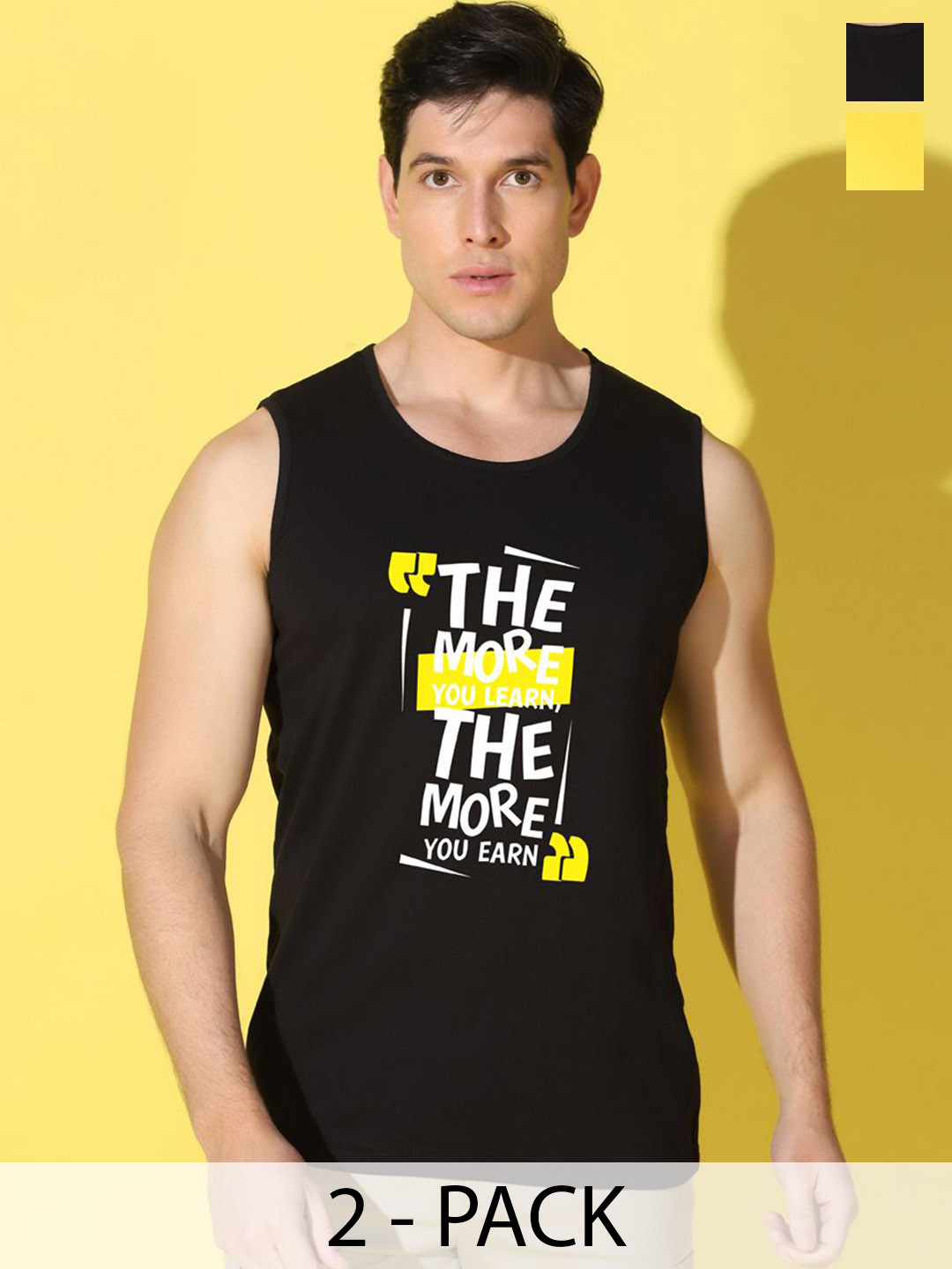 WOOSTRO Pack Of 2 Printed Combed Cotton Gym Vests VWS26(MORE BLACK)(98 YELLOW)