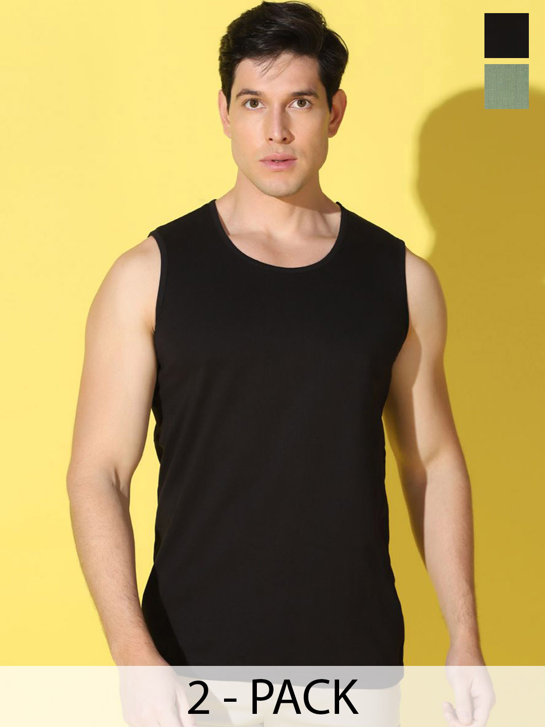 WOOSTRO Pack Of 2 Printed Combed Cotton Gym Vests VWS26(PLAIN BLACK)(RUN LGTGREEN)