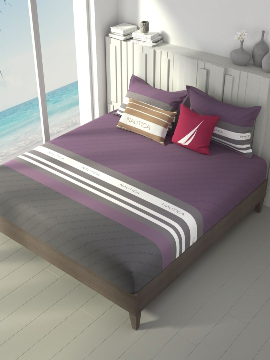 Nautica Ocean View Purple Striped Pure Cotton 160 TC King Bedsheet Set 2.74 m x 2.74 m