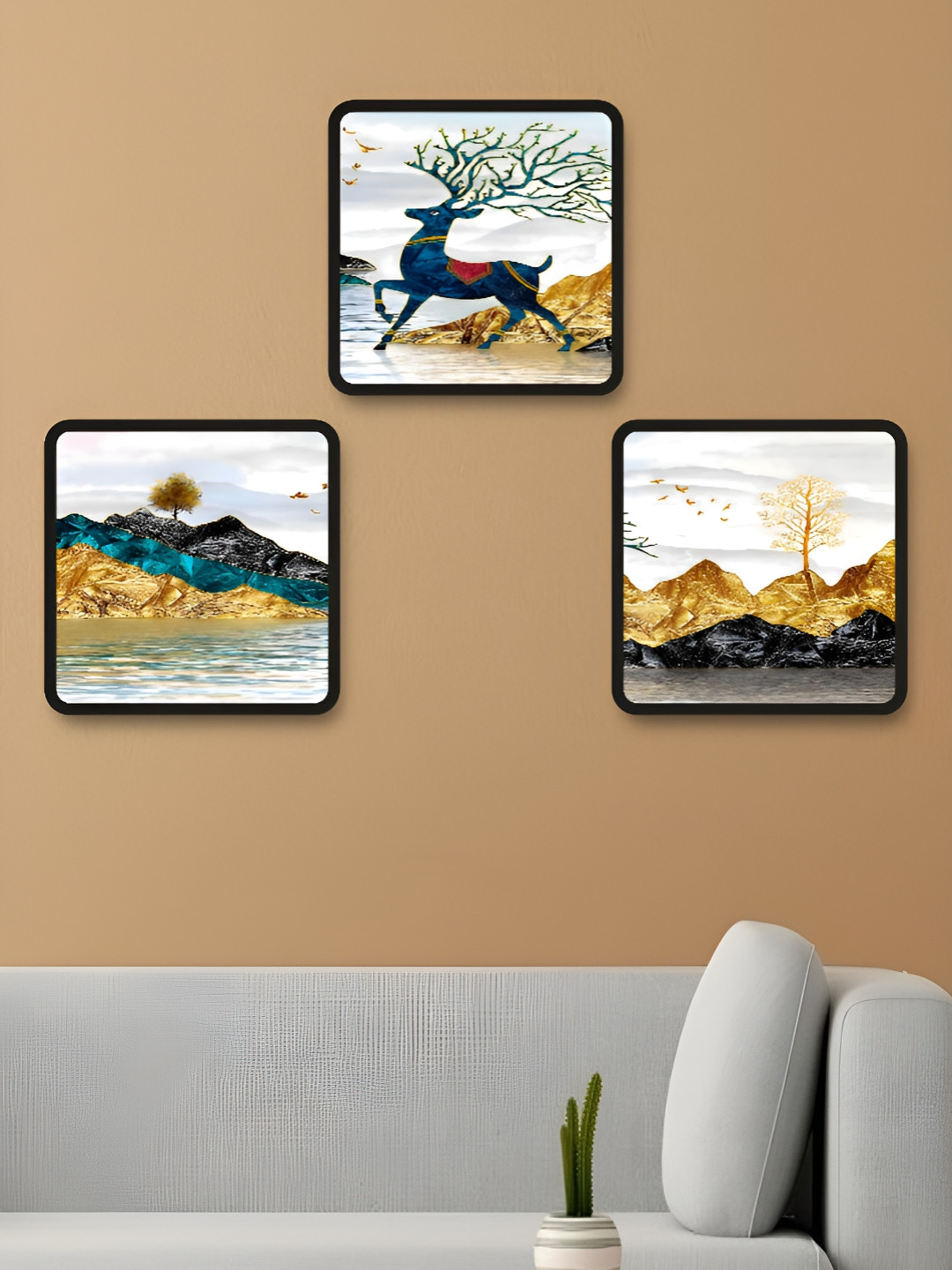 Aura Deer & Mountain Wood 3 Piece Wall Square Paintings Wall Art -19 x 19 In