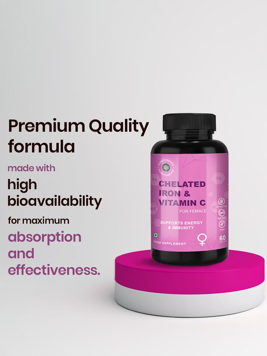 CureForever Chelated Iron & Vitamin C Tablets For Women - 60 Tablets
