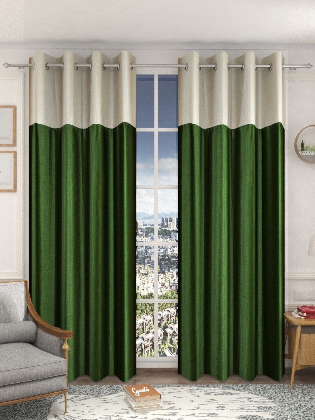 Galaxy Home Decor Green & Cream 2 Pieces Light Blocking Door Curtains