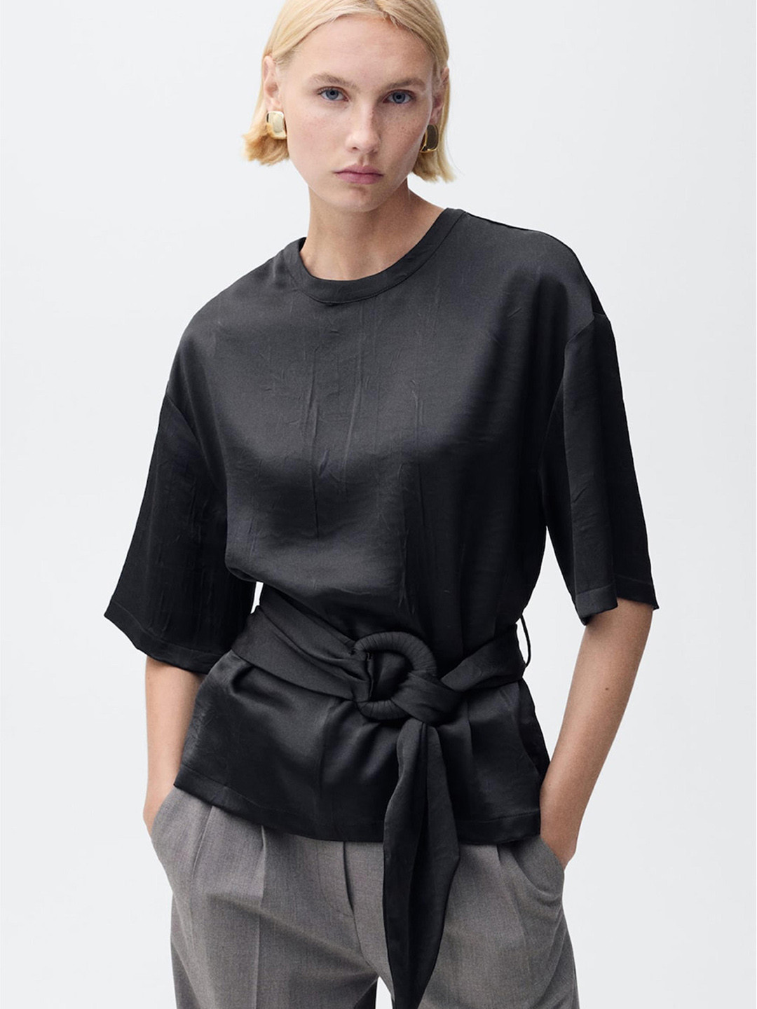 MANGO Belted Satin-Finish Top