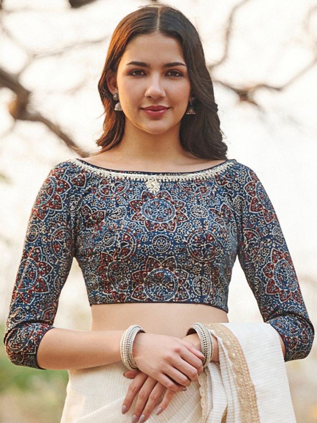 SALWAR STUDIO Blue Ajrakh Hand Block Printed Pure Cotton Readymade Blouse