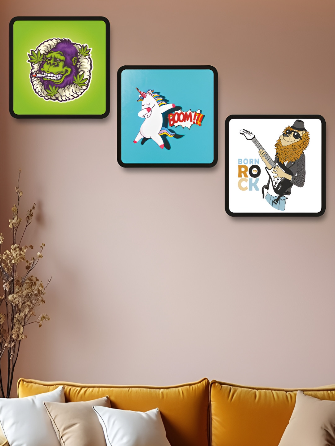 Aura Animal Cartoon Wood 3 Piece Wall Square Paintings Wall Art -19 x 19 In