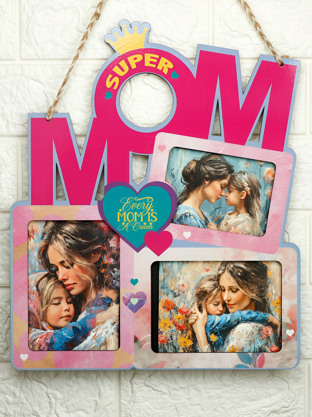 Archies Pink & Yellow Printed Super MOM Wall Hanging Photo Frame